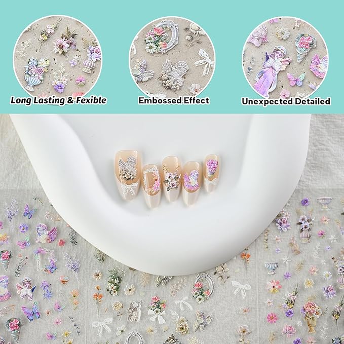 Angel Garden Nail Art Stickers, Rose Flower Nail Decals, Self-Adhesive,Summer Spring Nail Accessories for Women, Nail Decorations 3 Sheets