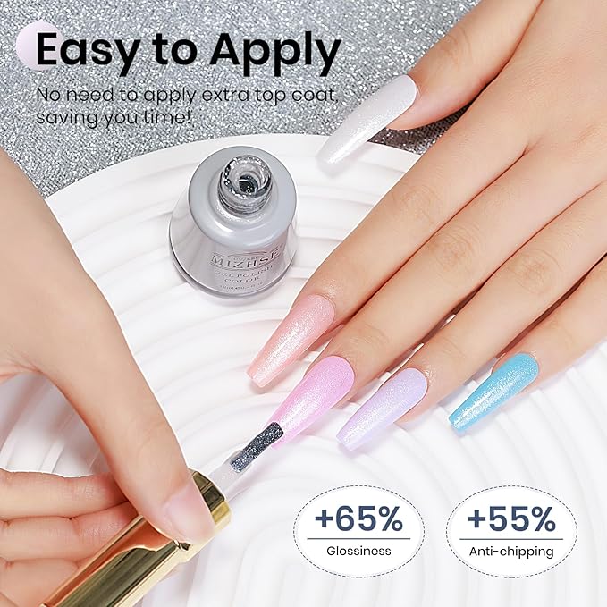 MIZHSE Silver Glitter Gel Polish, Silver Iridescent Gel Polish Glitter 2-in-1 Sparkly Long Lasting Soak Off, for Nail Art Home DIY 12mL
