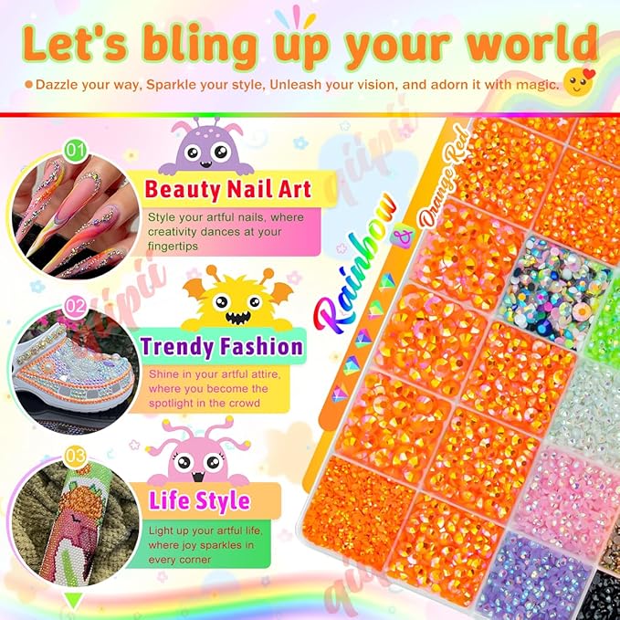 Orange Red AB Resin Rhinestones w B7000 Glue for Crafting Bedazzling 2mm-6mm Flatback Colorful Jelly Stones Diamonds Gems Bedazzler Kit for Nails Face Eyes Makeup Tumblers Bottles Crafts Shoes