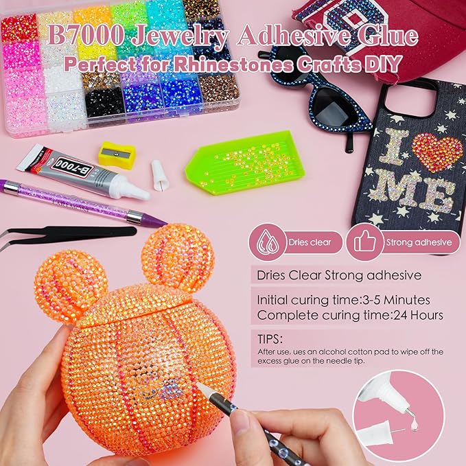 Resin Jelly Rhinestones for Bedazzling, EARLMONI Multi Colord Bedazzler Kit with 15ml B7000 Glue Rhinestone Pen Tool for Clothes Nail Art (A 24 Colors, 5MM)
