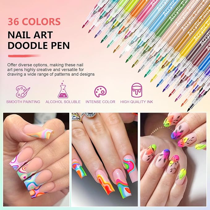 36 Colors Nail Art Pens Set, 3D Nail Polish Pens Quick-Drying Acrylic Paint Markers For Nail Art Drawing Painting Nail Point Dotting Liner Pen, Nail Design Kit Manicure Tools Home & Salon DIY