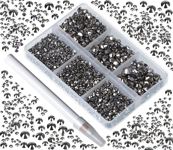 Bymitel 5000 Pieces 6 Mixed Sizes Glue Fix on Glass Rhinestones Round Crystal Gems Flatback for DIY Jewelry Making with one Picking Pen(6-Sizes 5000PCS, Jet Hematite)