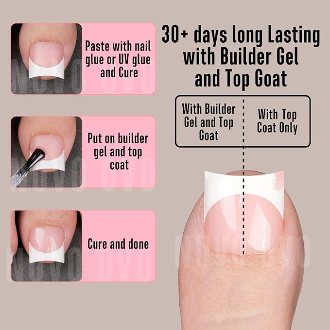 NOVO OVO Halloween Short Toe Nail Tips White French Tip with Moon Curve, BABY PINK Thick Sharp Square Toenail Extension, Soft Gel False Nail Kit, Need Glue Builder Gel Top Coat x15 Sizes 240 pcs