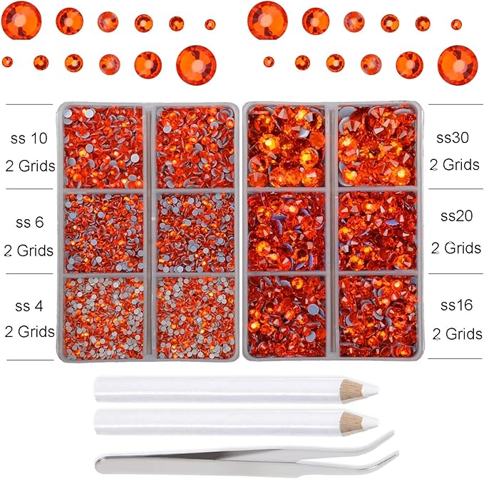 10000Pcs 2-Boxes Mixed Size Hot Fix Round Crystals Gems Glass Stones Hotfix Flat Back Rhinestones with Tweezers and Picking Pencil (Orange)