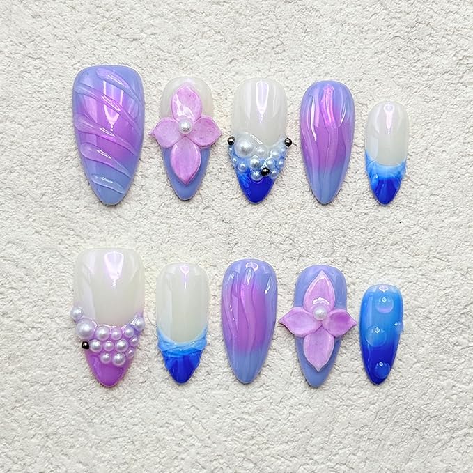 Thick Press on Nails Handmade Nails Medium Almond Nails Aurora Purple Fake Nails with 3D Flower Art Design Reusable Acrylic False Nails with Glue, Nature Stick on Nail for Wome (Size S)