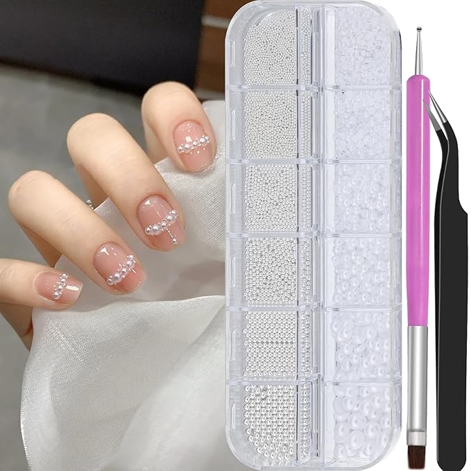 3D Mini Small Caviar Nail Beads Balls, 0.7-2mm Silver Nail Art Beads 1.5-5mm White Nail Pearls Half Round Flatback Pearl Nail Charms with Pickup Tools for Nails Face Eyes Makeup(31-K1-4)