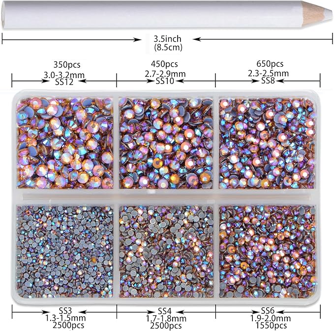8000pcs Hotfix Rhinestones Flatback,Rhinestones for Crafts Clothes Mixed 6 Sizes, Hotfix Crystals with Wax Pencil Kit, SS3-SS12,Topaz AB