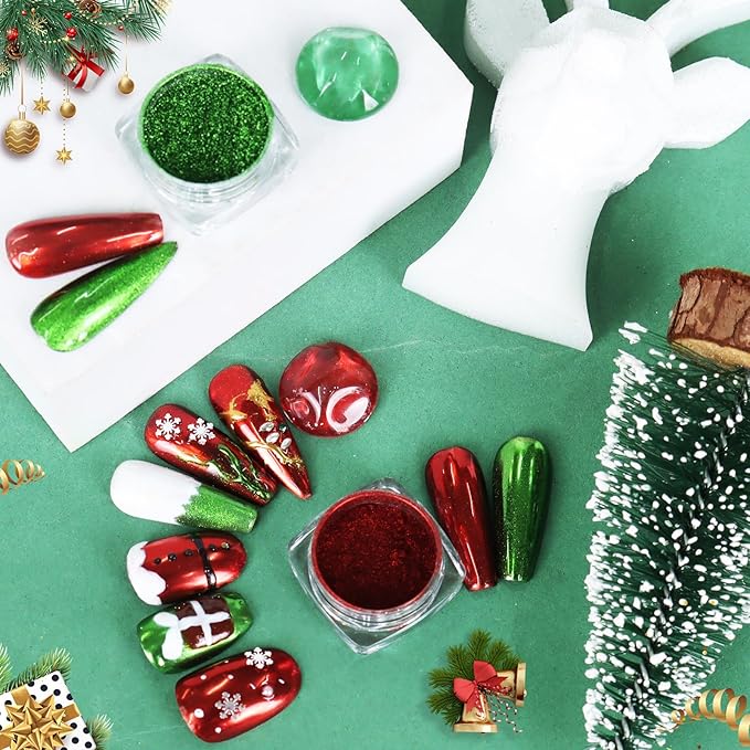 Allstarry Chrome Nail Powder - 2 Colors Red & Green Metallic Effect Mirror Glitter Powder Pigment Sparkling Holographic Manicure Magic Glitter Dust Kit for Christmas Nail Decoration