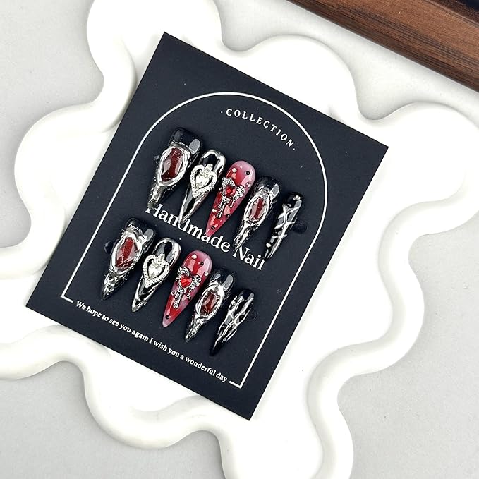 100% 5D Handmade Press on Nails with Heart Charms Long Stiletto Nails Press ons- Balck False Nails Ombre Red Press on Nails Halloween Fake Nails for Women Girls Daily Wear DIY Manicure Size M