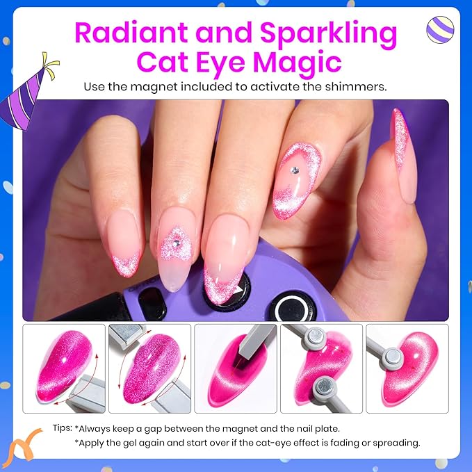 Beetles Cat Eye Gel Nail Polish, 6 Colors Cat Eye Glitter Gel Polish Set Neon Red Pink Purple Blue Green with Magnet Velvet Gel Kit Soak Off UV French Nail Art Manicure Spring Gift for Women
