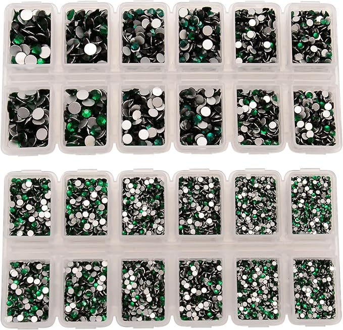 10000 Pieces Rhinestones 6 Sizes Round Crystal Glass Flat Back Rhinestones with 1Tweezers and 1Picking Pen for Nail Art Crafts Clothes Bags DIY (Emerald)