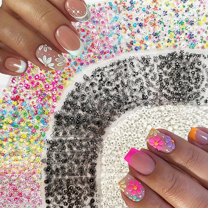 90 Sheets Flower Nail Art Stickers Decals 3D Self-Adhesive Daisy Cherry Blossoms Flower Nail Sticker Black White Colorful Floral Nails Supplies for Women Girls Manicure Decoration with Nail Tweezer