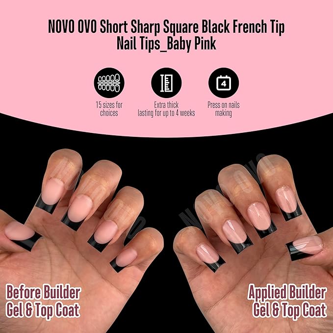 NOVO OVO Short Sharp Square Black French Tip Nail Tips Press on BABY PINK, Extra Thick NEED Nail Glue Builder Gel Top Coat, Soft Gel Full Cover Fake Flase Nail Extension for DIY x 15 Sizes 240 pcs