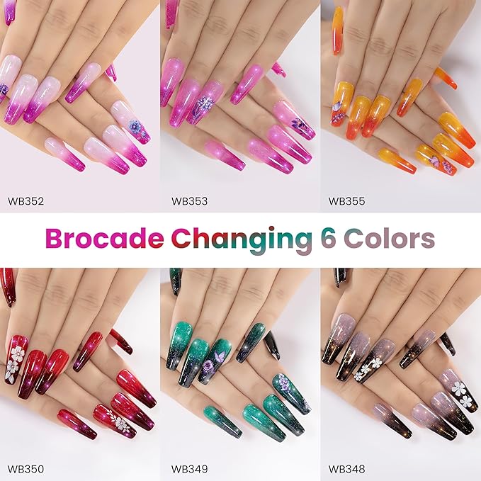YTD Likomey Color Changing Gel Nail Polish with Base Coat and Top Coat Set,Fall Winter Shine Brocade Glitter Mood Temperature Change Red Green Pink Black Thermal Ombre UV Color Gel,8 Pcs 7.5 ml