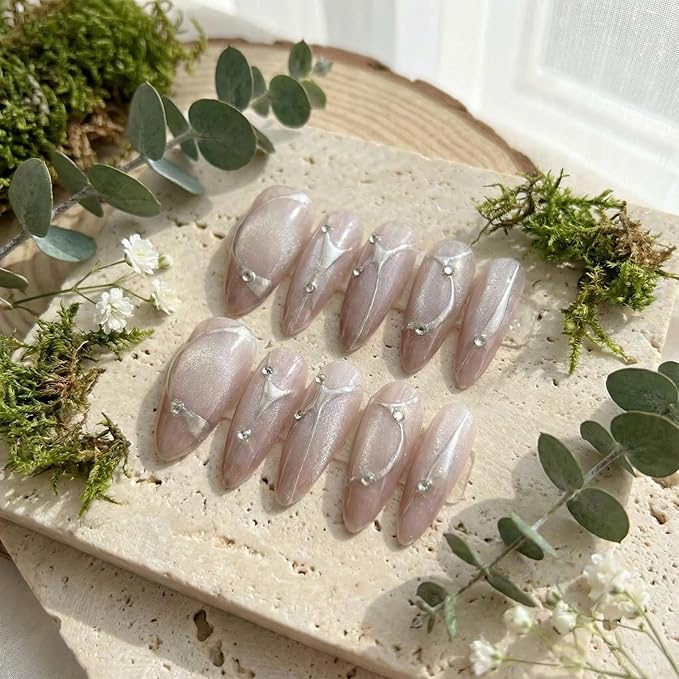 10pcsHandmade Press On Nails Nail Gift Kit Set with Tools Reusable Fake Nail in Soft Nude Pink with Silver Line Art and Rhinestone Detail Almond Shape for Women(M)