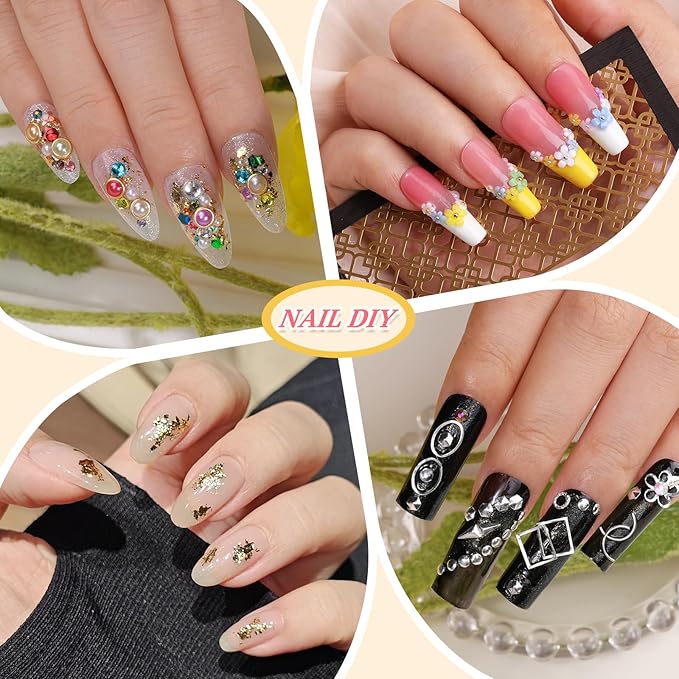 10 Boxes Nail Rhinestones Gems Kit,Gold/Silver Metal Studs,Mixed Sizes Flatback Crystals Rhinestones,Half Pearls,Sequins,Foil Flakes with Tweezers & Dotting Tools for DIY Manicure