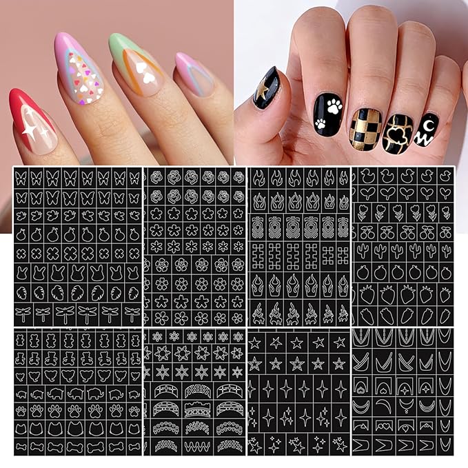 Nail Art Stencils Pens, 12 Nail Art Pens Markers + 14 Sheets Nail Stencils Cute Heart Butterfly Flowers Star Nail Stickers for Women Girl, Flexible Brush Tip, Bright Colors, DIY Nails Art Design Tools