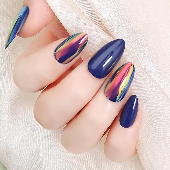 Acrylic Press On Nails Blue Almond - Nail Kit Iridescent Chrome Reusable Manicure for Women, 24 Nails in 12 Sizes with Glue, Adhesive Tabs, File, Prep Pad, Manicure Stick