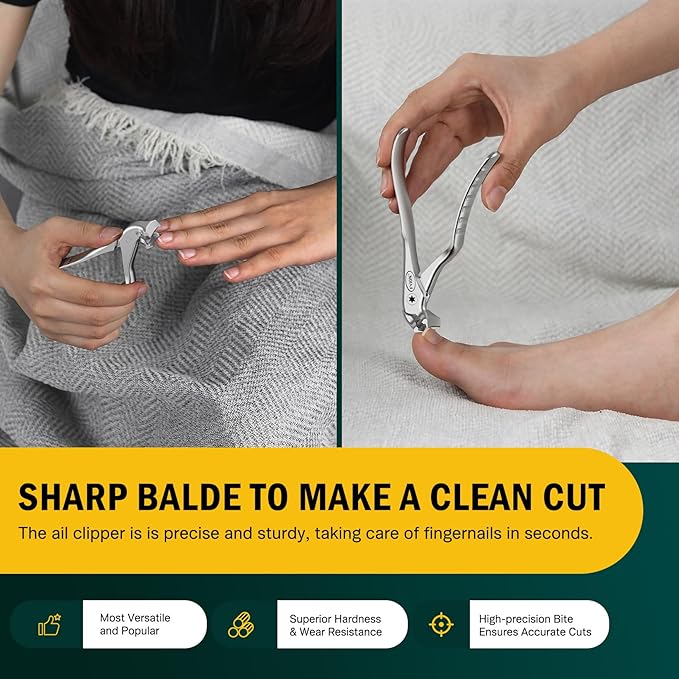 FVION Ergonomic Handle Nail Clippers for Seniors, Angled Head Toenail Clippers for Thick Toenails and Fingernails, Wide Jaw Opening Precision Nail Trimmer with Catcher (Silver)