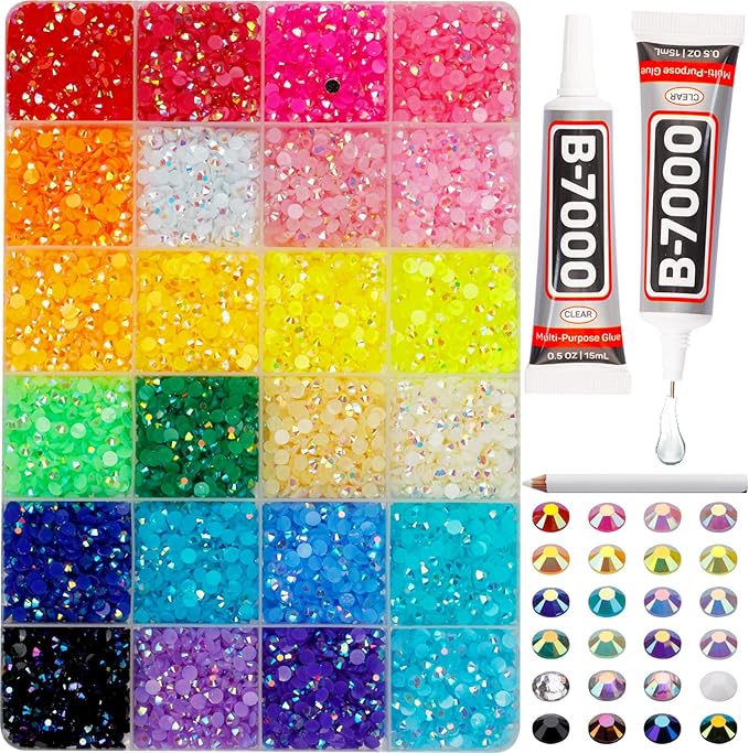 8000Pcs 4mm Rhinestones for Bedazzling, Bedazzler Kit with Rhinestones and Tools, Flatback Resin Jelly AB Colorful Rainbow Crystals Gems Set with Glue for Nail Art Crafting Clothes Crafts