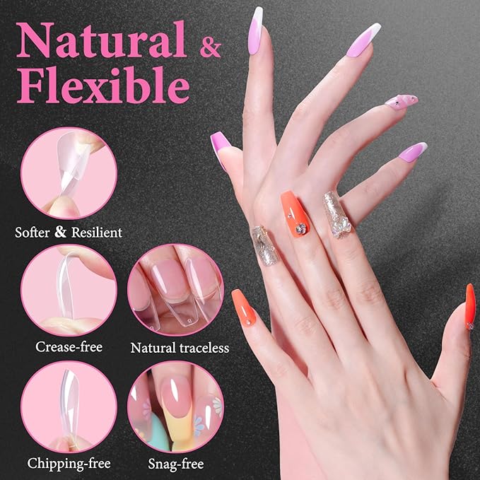 Clara Colors Nail Tips and Glue Gel Kit - 550Pcs Soft Tips Half Matte Medium Coffin Shape