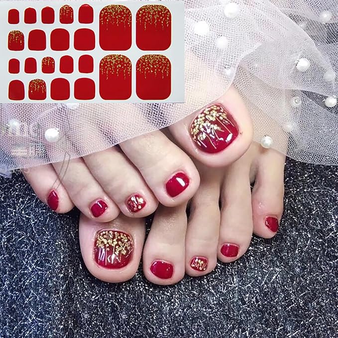 SILPECWEE Toe Nail Polish Strips Red Full Nail Wraps for Women Self Adhesive Nail Polish Stickers Gel Nail Strips Toenails Nail Art Decoration with 1pc Nail File (20 Sheets)