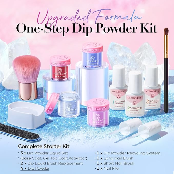 AZUREBEAUTY Dip Powder Nail Kit, Pinkish Blue Ombré 4 Colors Upgraded Brush One-Step Dipping Powder with Base & Top Coat Activator for French Nail Art Manicure Salon DIY at Home