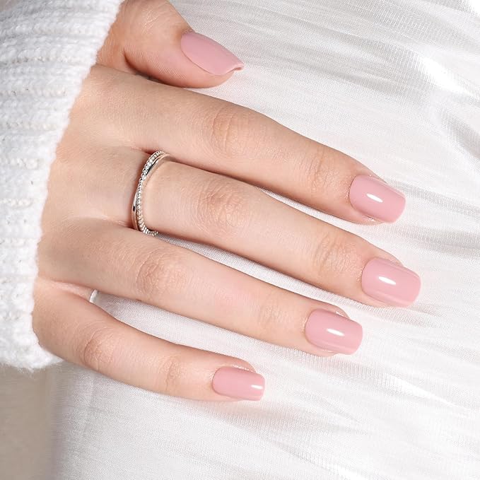 Nude Press on Nails - Short Square Nails Press ons for Women, Reusable Glossy Nude Pink Glue On Nails 30 Pcs 15 Sizes Fake Nails Kit with Glue, Blush Nude