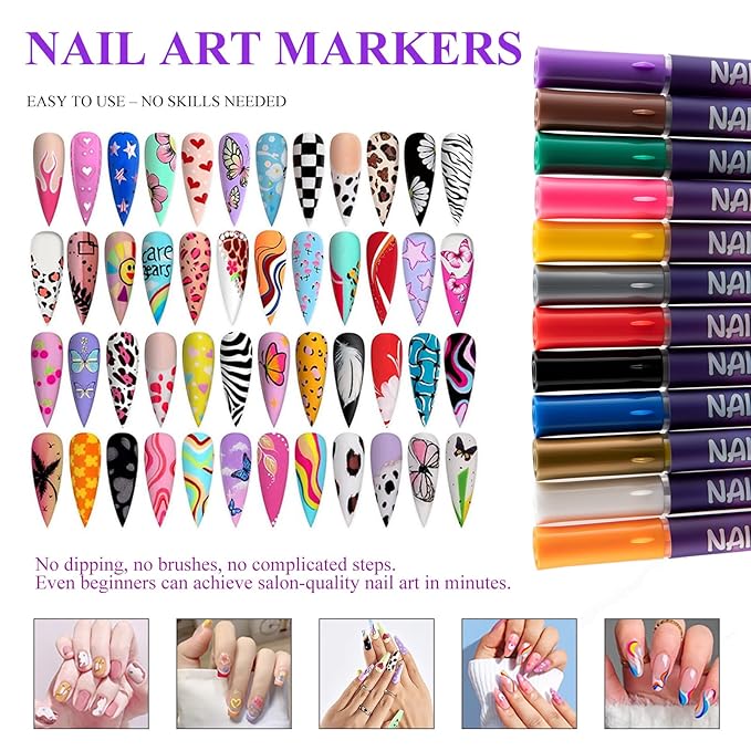 12 Colors Nail Art Pens Set, Nail Art Markers for Painting Nails - 0.5mm Fine Tip Nail Pens for Nail Art, Water-Based Quick Dry Nail Art Supplies Kit, Solid Color DIY Nail Art Tools