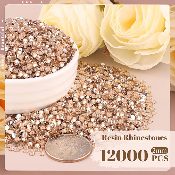 12000PCS 2mm Resin Rhinestones Bulk for Crafting (Champagne), Flatback Bedazzling Crystals for Crafts DIY Nail Decoration, Gems Charms for Tumbler Shoes Clothing Fabric with Pickup Pen and Tweezers
