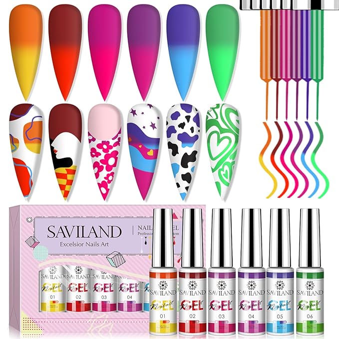 SAVILAND Temperature Color Change Gel Nail Art Polish: Nail Art Pens 6 Colors Changing Liner Gel Polish Mood Temperature Change Nail Polish Set Soak Off Nail DIY Salon Manicure Home Gift Christmas