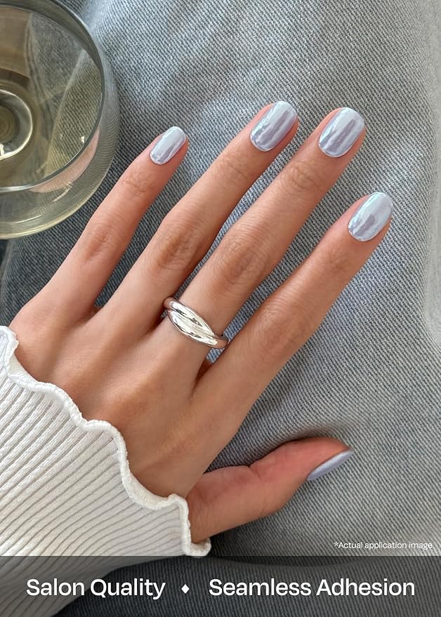 ohora Semi Cured Gel Nail Strips (N Light Blue Chrome) - Works with Any Lamps, Salon-Quality, Long Lasting, Easy to Apply & Remove - Includes 2 Prep Pads, Nail File & Wooden Stick
