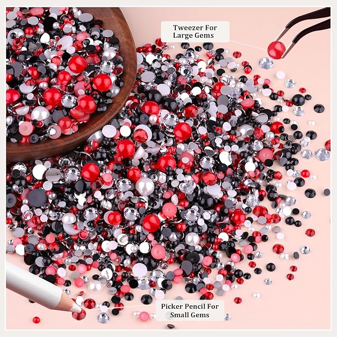 14000PCS Flatback Pearls and Rhinestones for Bedazzling Kit, Red White Black 3-10mm Resin Rhinestones and Half Pearls for Crafting, Nail Art Crafts Dec with 3pcs B7000 Jewelry Glue
