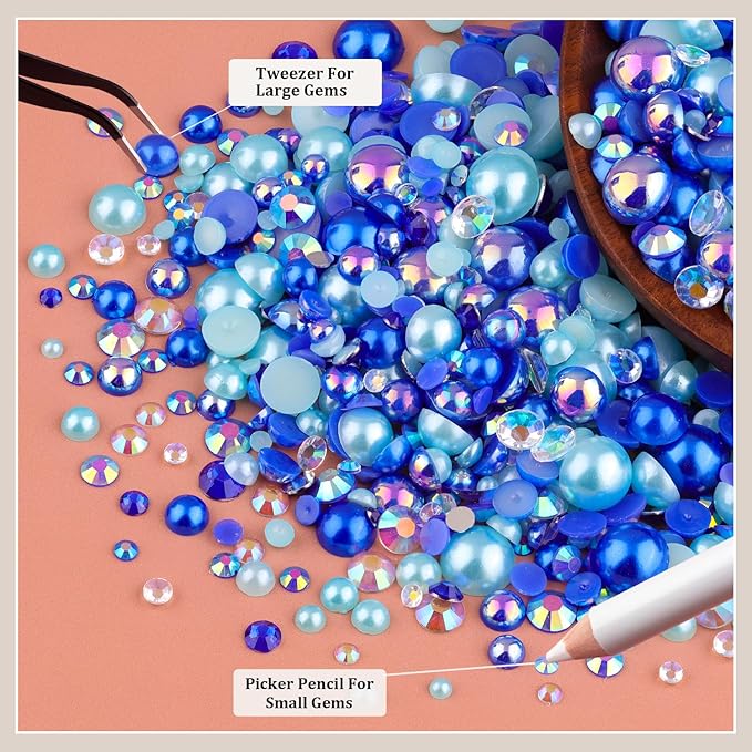 80g Flatback Pearls and Rhinestones for Crafting, Dark Blue 3-10mm Resin Rhinestones and Half Pearls for Bedazzling, Nail Art and Dec with 3pcs 10ml B7000 Jewelry Glue, Tweezer and Pickup Pencil