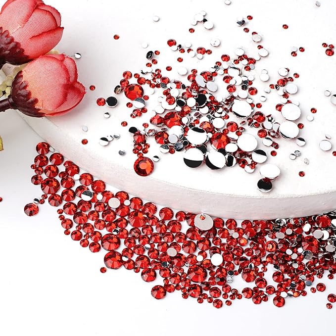 Canvalite 1500PCS Red Rhinestones Flat Back Gems, Nail Rhinestones Nail Art Gems with Pick Up Tweezers and Rhinestone Picker Dotting Pen, Nail Art Tools for Nails, Clothes, Face, Craft