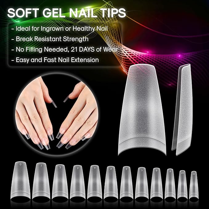 600PCS Upgrade Long Coffin Gel Nail Tips, INENK Natural Flat Matte Half Cover XL Coffin Cover Nails, Clear Press on Fake nails for Soak Off Nail Extension Tips at Home and Salon DIY(12 SIZE)