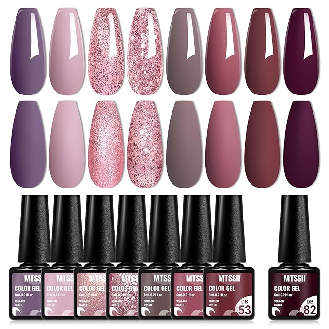 MTSSII 8 Colors Gel Nail Polish Set, Fall Colors Nude Pink Burgundy Glitter Brown Gel Polish Set Long-Lasting Uv Lamp Cured Soak off Nail Art Kit for Home Nail Salon
