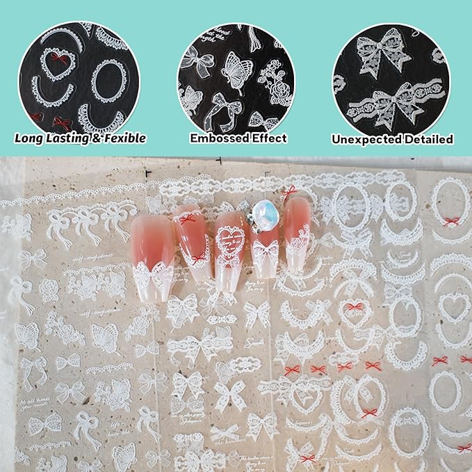White Ruffle Lace Nail Art Stickers, Butterfly Theme Decals, Self-Adhesive, Nail Accessories for Women, French Decorations 3 Sheets