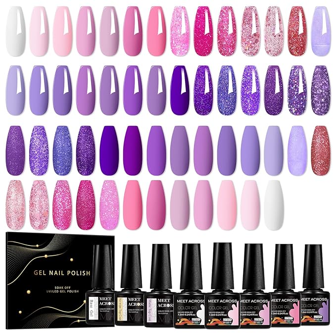 MEET ACROSS 30pcs Gel Nail Polish Set,Soak Off UV LED Lamp Gel Nail Polish Kit,Fashion Shimmer Nail Art Design Gifts for Women Manicure Salon (Pink Purple)