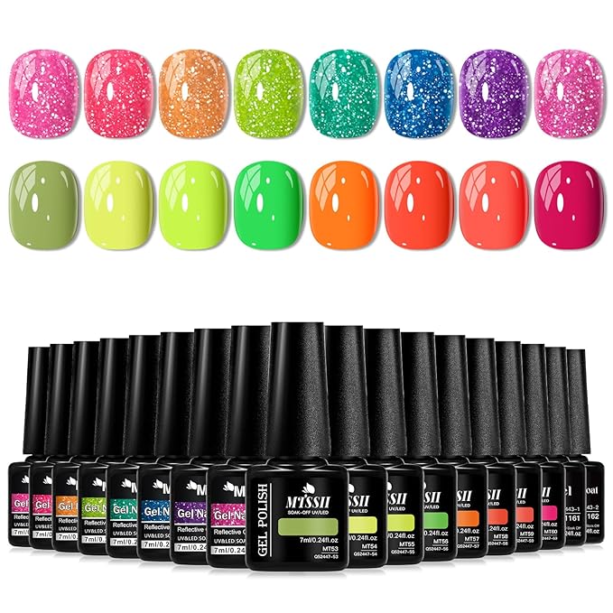 MTSSII Light Green Series Orange Red Pink Gel Nail Polish 18pcs Kit Pink Orange Green Blue Purple Glitter Gel Nail Polish Gel Set Gel Reflection Glitter Polish Kit for DIY Nail Art Women Gifts