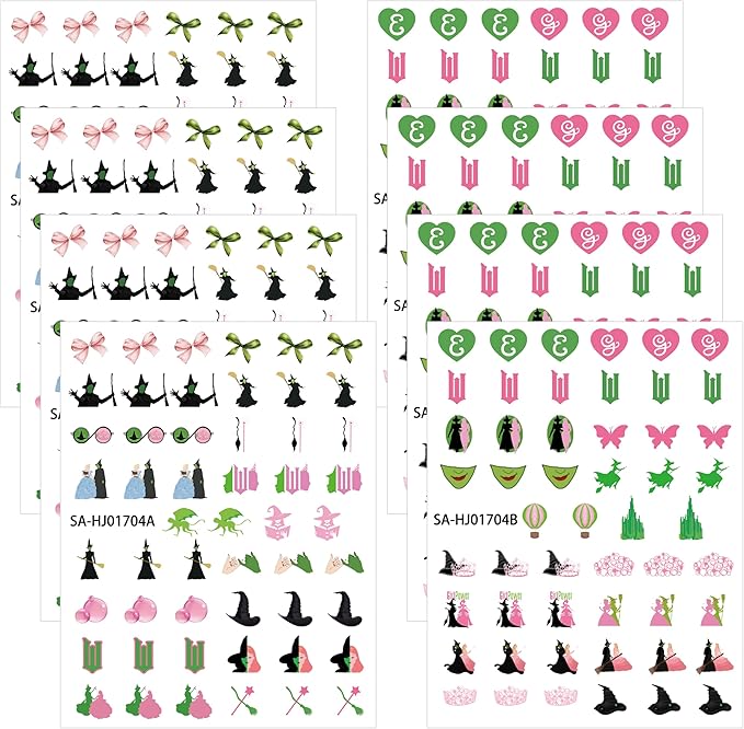 Witch Witchy Nail Stickers - 8 Sheets Pink and Green Witch Hat Crown Bow 3D Nail Art Stickers Musical DIY Finger Decals for Girls Manicure Decoration Halloween Party Favor Manicure Accessory