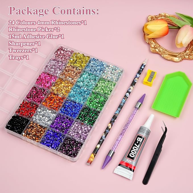 Resin Jelly Rhinestones for Bedazzling, EARLMONI Multi Colord Bedazzler Kit with 15ml B7000 Glue Rhinestone Pen Tool for Clothes Nail Art (C 24 Colors, 4MM)