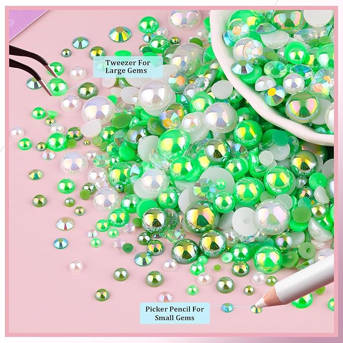 14000Pcs Flatback Pearls and Rhinestones for Crafting, Green White Mixed Size 3-8mm Resin Rhinestones and Half Pearls for Bedazzling, Nail Art with Tweezers and Pickup Pencil