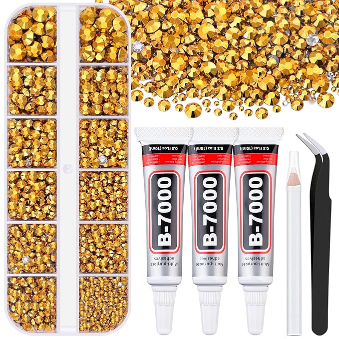 6000Pcs Resin Rhinestones for Bedazzling with 3Pcs B7000 Jewelry Glue, 1 Box Mine Gold Flatback Rhinestones for Crafting Crafts DIY, Crystals Gems for Clothing Shoes Tumblers Nail Art Makeup