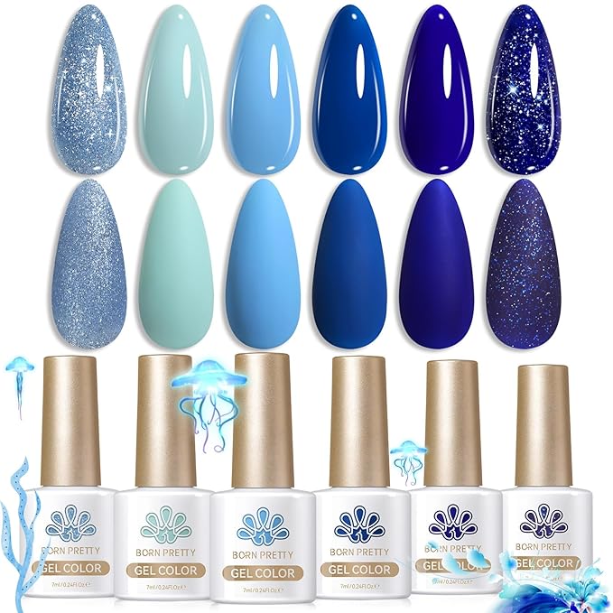 Born Pretty Blue Gel Nail Polish Set 6 Colors Spring Summer Light Baby Royal Blue Reflective Glitter Gel Polish Soak Off Nail Art Manicure DIY Design Home and Salon Holiday Gift
