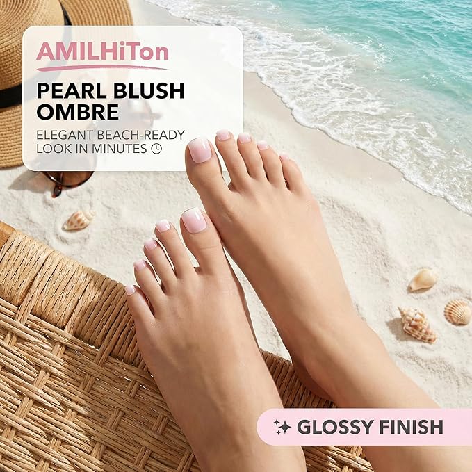 Pearl Blush Ombre French Tip Toe Nail Press Ons, 150PCS Square Full Cover Soft Gel Toe Nail Tips, 15 Sizes for Wide Toenail Beds, Pre-Shaped for DIY French Pedicure & Salon
