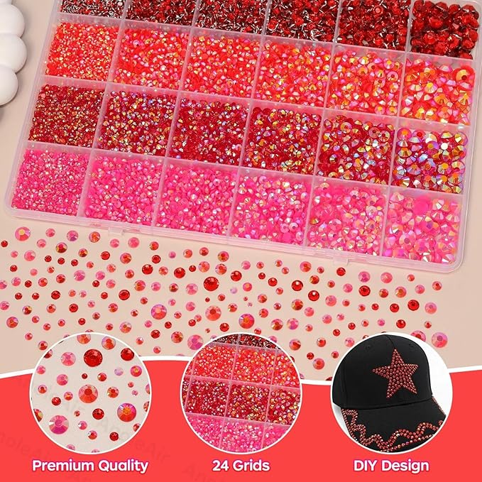 26000PCS Red Resin Flatback Rhinestones for Crafting, Resin Rhinestones for Bedazzling Kit, 2/3/4/5/6mm Flatback Gems Jewels for DIY Mugs Tumblers Clothing Shoes Nail Art