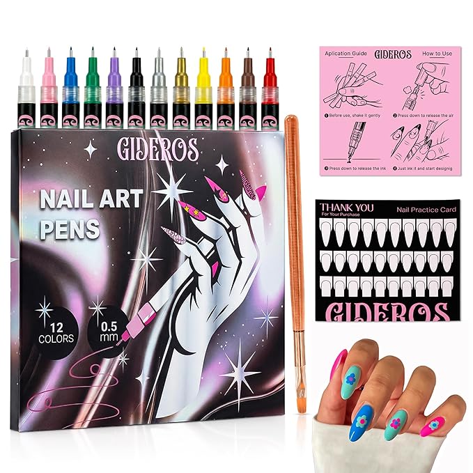 Nail Art Markers, 0.5mm Polish Pens & Easy Control 12 Colors 3D Nail Art Kit for DIY, Nail Art Brushes, Professionals & Beginners