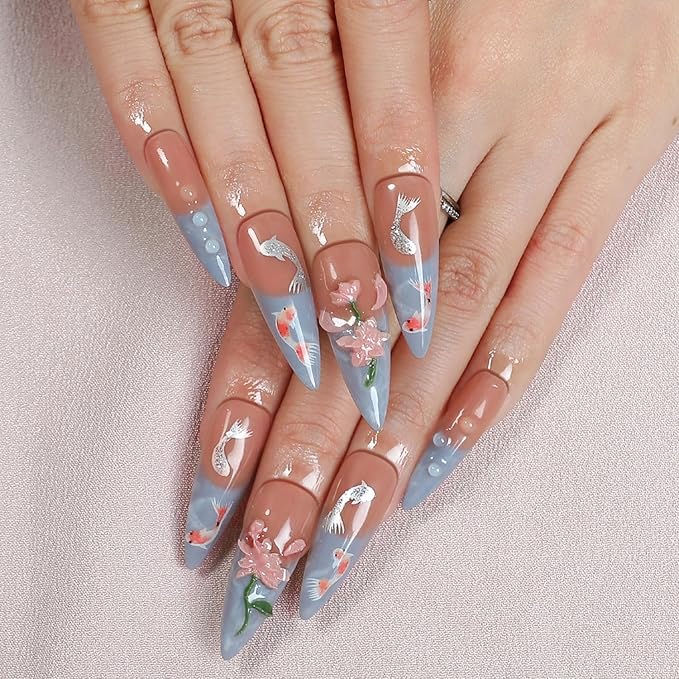 Long Almond Press on Nails Thick Handmade Nails with Glue,5D Lotus Flower Art Nude Pink False Nails Luxury Flash Koi Designs Press ons Muti-Layer Gel Handmade Nail for Women (Size S)