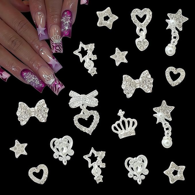 60PCS Nail Charms and Gems Sliver Rhinestones for Nails Design，3D Heart Star Crown Bow Y2k Nail Jewels Bulk Nail Art Decor Set